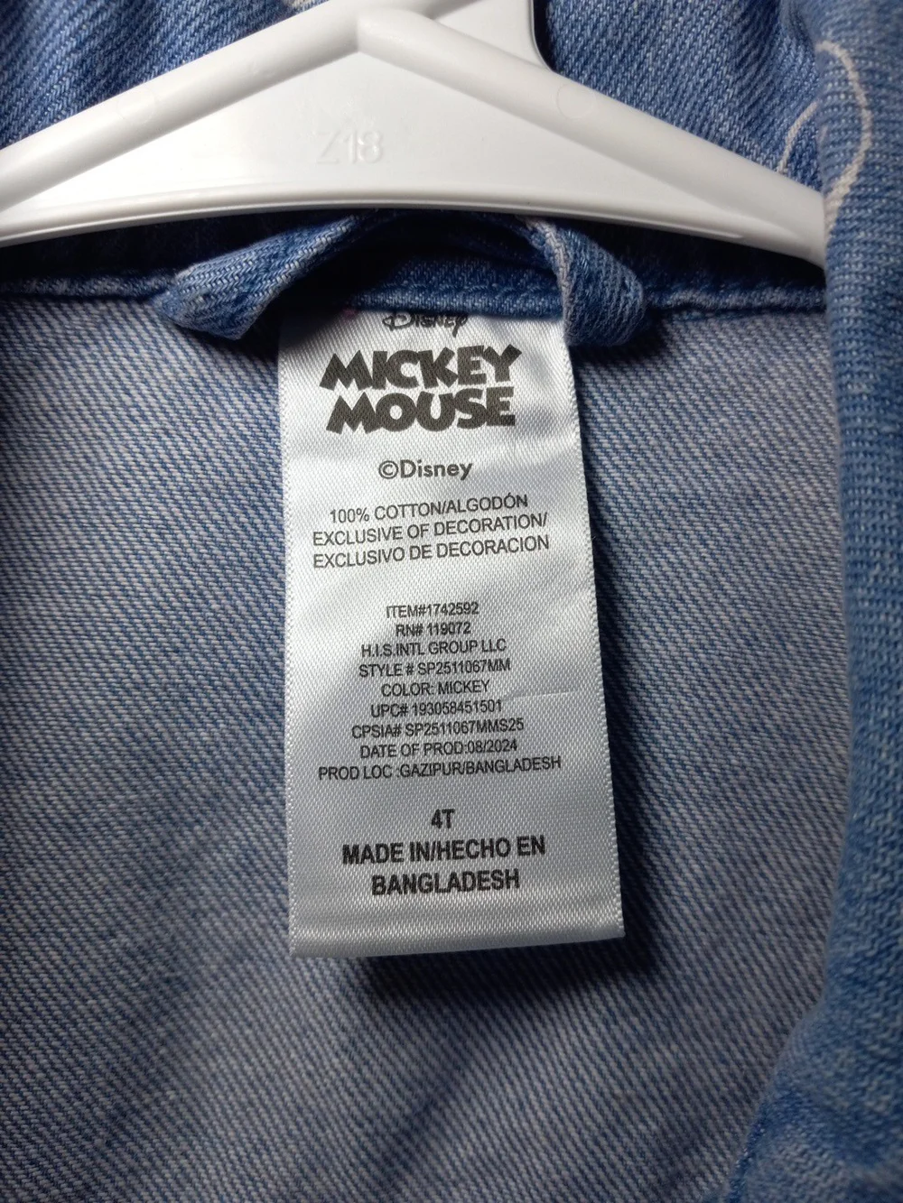 Disney Mickey Mouse Light Blue Denim Jacket for Kids Size 4T